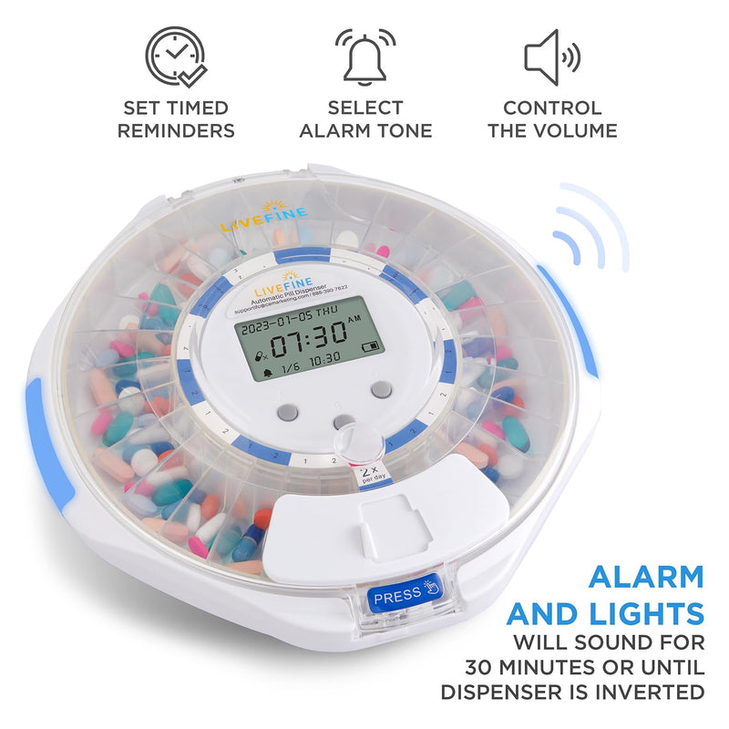 LiveFine Automatic Pill Dispenser with 28-Day Electronic Medication Organizer, 6 Dosage Rings, LCD Display with Sound & Light Alerts, Key & Magnifying Glass for Prescriptions, Vitamins & Supplements Clear Lid