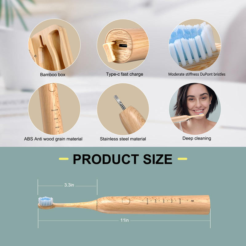 [Australia] - Sonic Electric Bamboo Toothbrush for Adults -5 Adjustable Cleaning Modes -Includes 2 Bamboo Heads with Castor Oil Bristles - Upgraded IPX7 Waterprood -Convenient Charging & Travel Case 