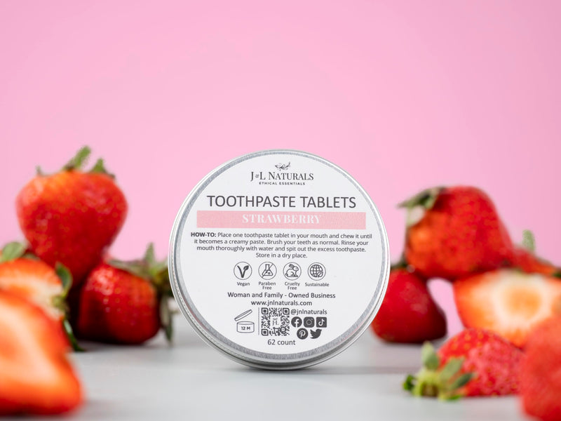 [Australia] - J&L Naturals Toothpaste Tablets | 62-Pack Travel-Friendly Toothpaste | Fluoride + Plastic Free, Vegan, Cruelty Free, Sustainable | Woman-Owned Small Business (Strawberry, 62 Count (Pack of 1)) Strawberry 62 Count (Pack of 1) 