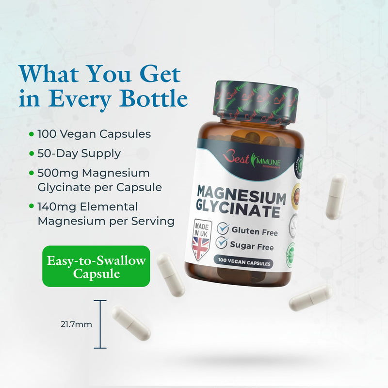 Best Immune, Magnesium Glycinate 1000mg per Serving - High Strength Magnesium Supplement for Absorption Bioavailability - Ideal for Energy Wellness, 120 Vegan Capsules 120 count (Pack of 1)