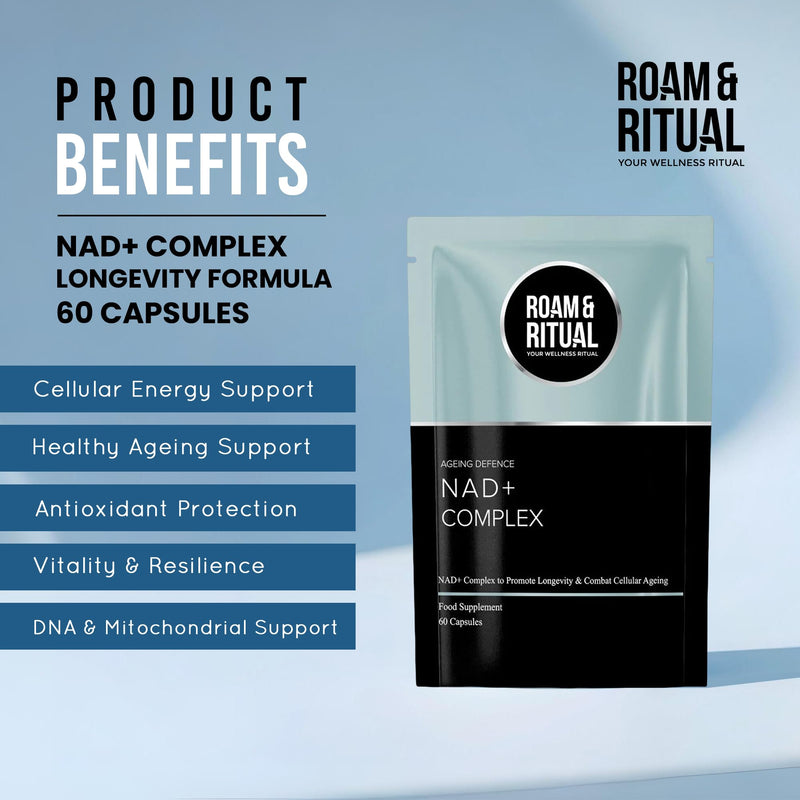 NAD+ Capsules - Complex Longevity Formula with NAD Plus, Nicotinamide Riboside, Resveratrol, TMG & Luteolin | Cellular Energy Support | UK Made Supplement | 60 Vegan Capsules by Roam & Ritual™