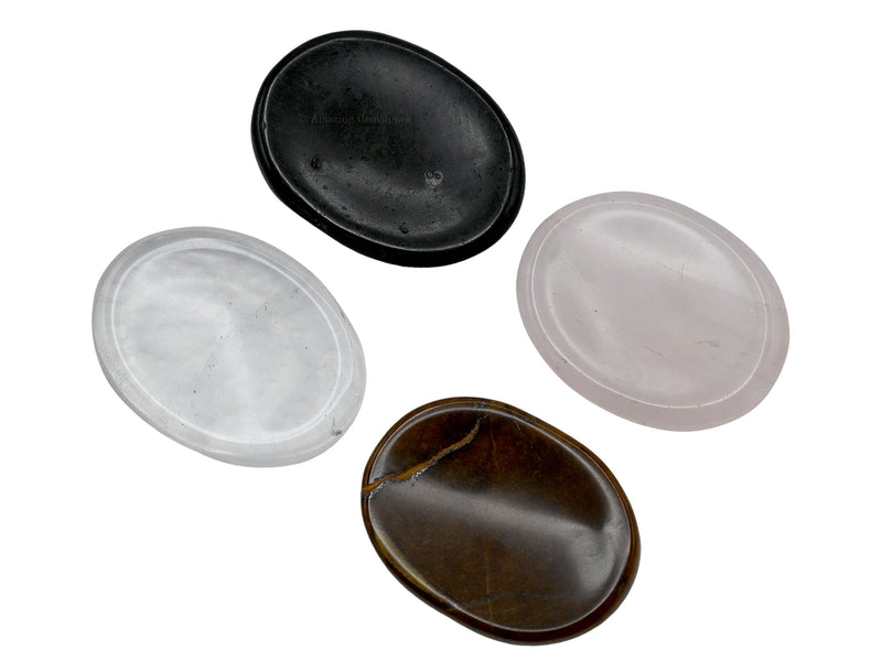 Amazing Gemstone Set of 4 Thumb Worry Rubbing Stone for Anxiety Healing ~ Amethyst, Rose Quartz, Tigers Eye, Black Tourmaline Oval Cabochon Stone ~ Easy to Carry Natural Crystal Pocket Palm Stone