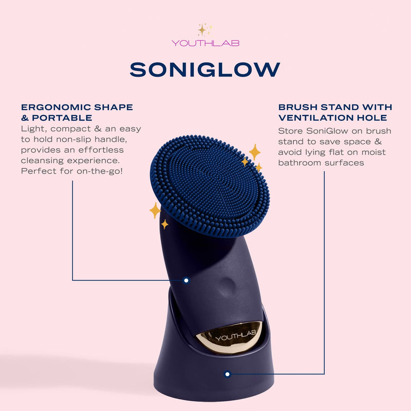 SoniGlow Silicone Facial Cleansing Brush – Electric Vibrating Skincare Scrubber Tool for Deep Pore Cleansing, Gentle Massage, Makeup Removal, Waterproof and Rechargeable (Navy) Navy Blue