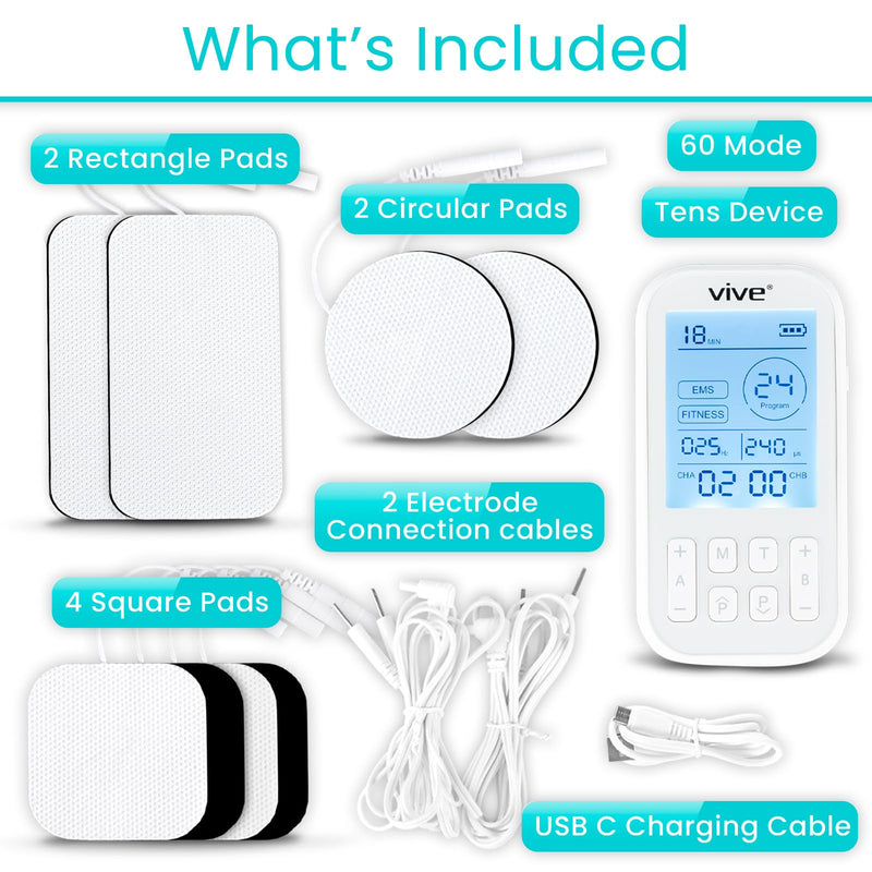 Vive Stim Machine for Muscle Recovery - 24 Mode Tens Unit Stimulator for Pain Relief Therapy - 24 EMS & 12 Fitness Models with Electrodes for Period Cramps, Physical Therapy - Stimulation Device