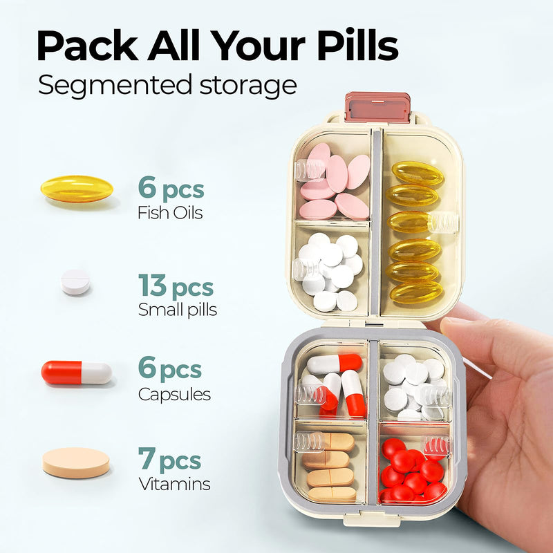 7 Compartments Travel Pill Organizer, Foldable Portable Airtight Daily Pill Box, Compact Pill Case for Purse & Pocket, BPA-Free Medicine Organizer for Vitamins Fish Oil Supplements (White) White Small