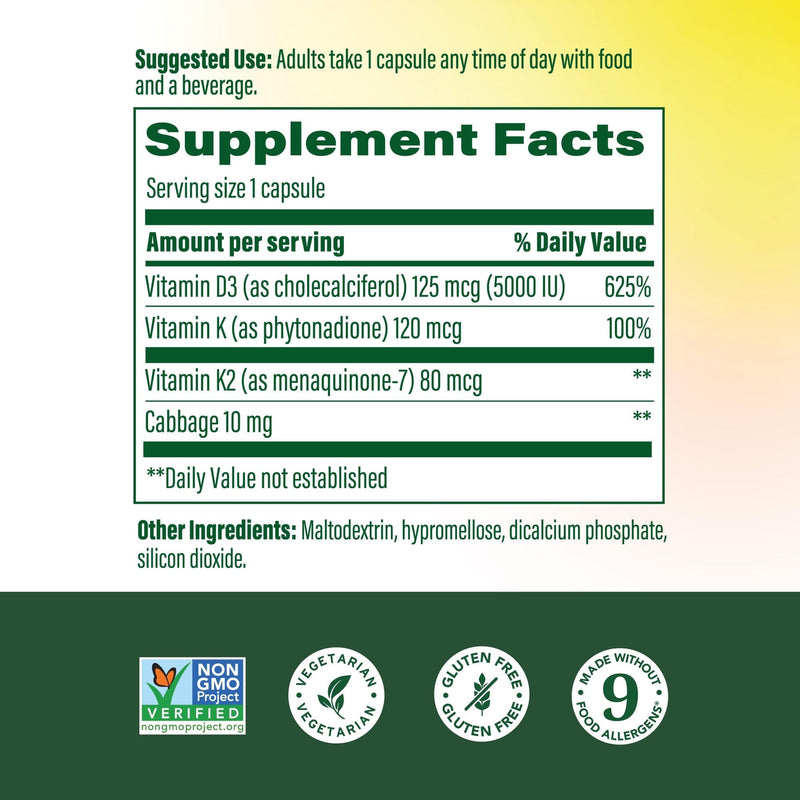 MegaFood Vitamin D3 & K2 5000 IU (125 mcg), 120 Mini Capsules | Supports Bone, Teeth, Muscle & Immune Health, Vitamin K2 & K Support the Function of D3, Non-GMO, Vegetarian, 120 Servings 120 Count (Pack of 1)