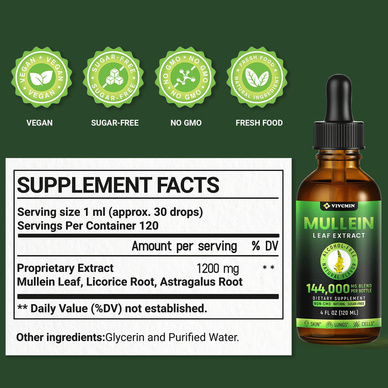 [Australia] - Mullein Drops for Lungs, 3-in-1 Mullein Leaf Extract for Lungs Health, Herbal Respiratory Lung Health Support Supplement, Support Immune & Digestive Wellness, Sugar & Alcohol-Free - 4 FL OZ No Flavor 4 Fl Oz (Pack of 1) 