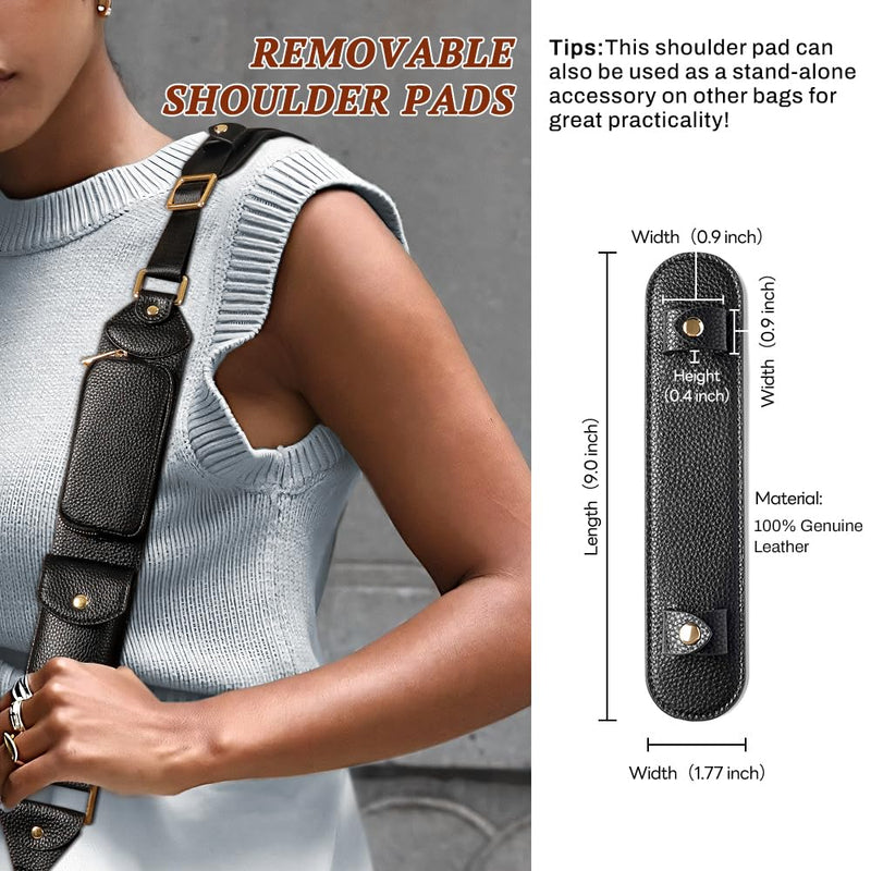 LUCKYCOIN Full Grain Leather Crossbody Strap, Adjustable 46"-55", Black | Pebble Genuine Leather Replacement Strap, 3 Pockets, 360° Swivel Hooks, Soft Shoulder Pad, for Crossbody Bags & Phone Cases
