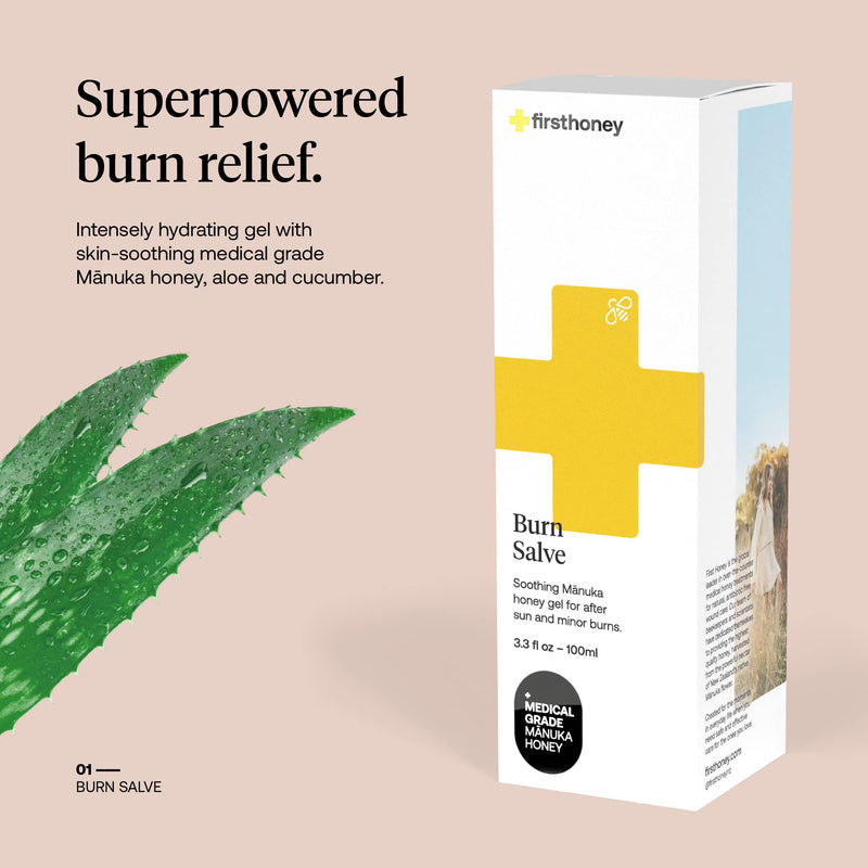 [Australia] - FIRST HONEY® Burn Salve | Aloe Vera Burn Gel With Medical Grade Manuka Honey | Natural Remedy For Sunburn & Minor Burns | Fortified with Allantoin & Vitamin E | 3.3 fl oz (100mL) 
