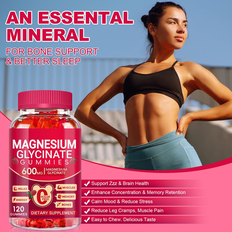 Magnesium Glycinate Gummies 600mg, Sugar Free Magnesium Gummies for Adults | High Absorption Magnesium Supplement, Chewable Potassium Supplements for Body Support, Zzz and Relaxation, 120 Count Raspberry 120 Count (Pack of 1)