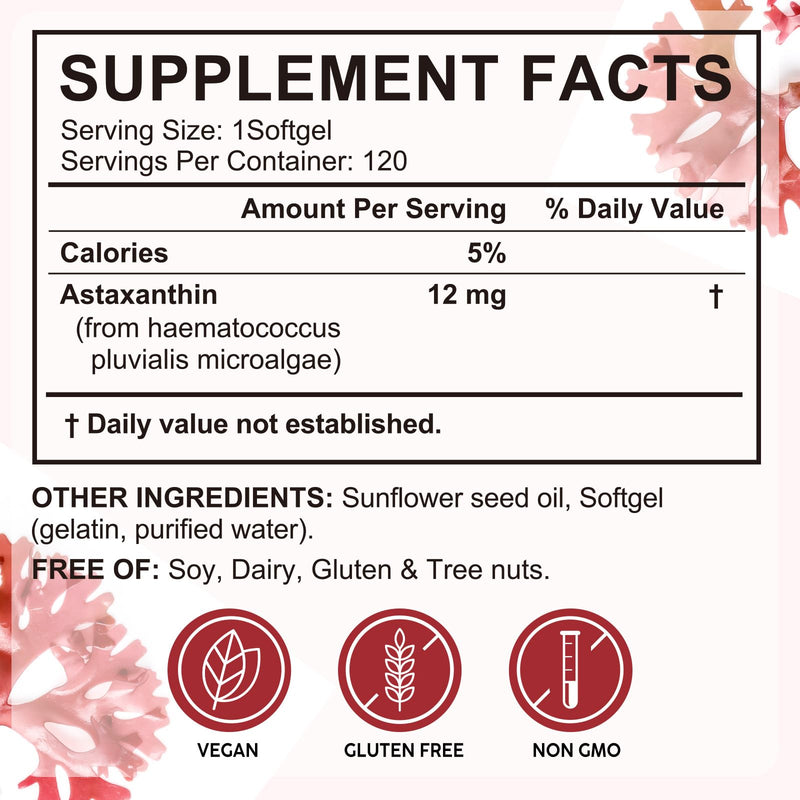 [Australia] - Premium Astaxanthin 12mg,120 Softgels | Natural Antioxidant Supplement for Eye, Joint, Skin Health,Microalgae Source | 4 Month Supply | Supports Internal Circulation & Natural Tanning,Non-GMO 
