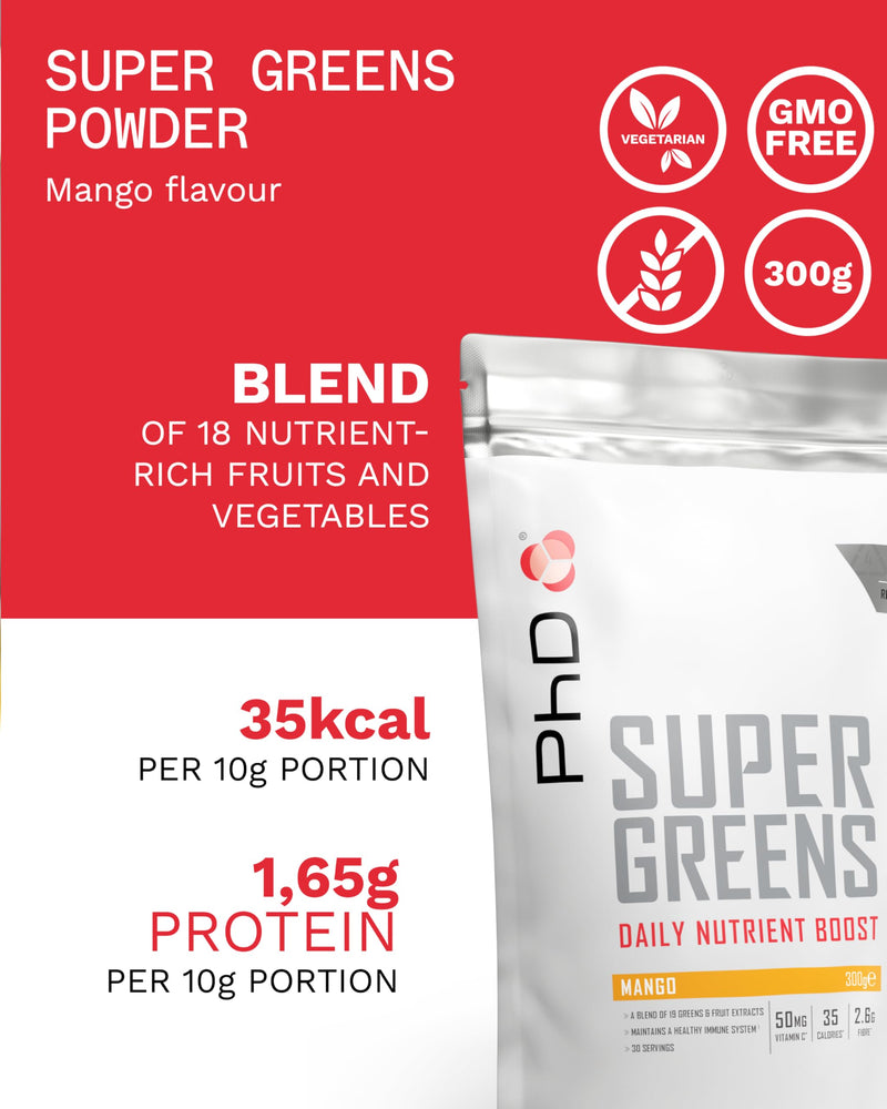 PhD Nutrition Super Greens Powder, Mango Flavour, High Fibre Low Sugar, Blend of 18 Nutrient Rich Fruits and Vegetables, 300 g