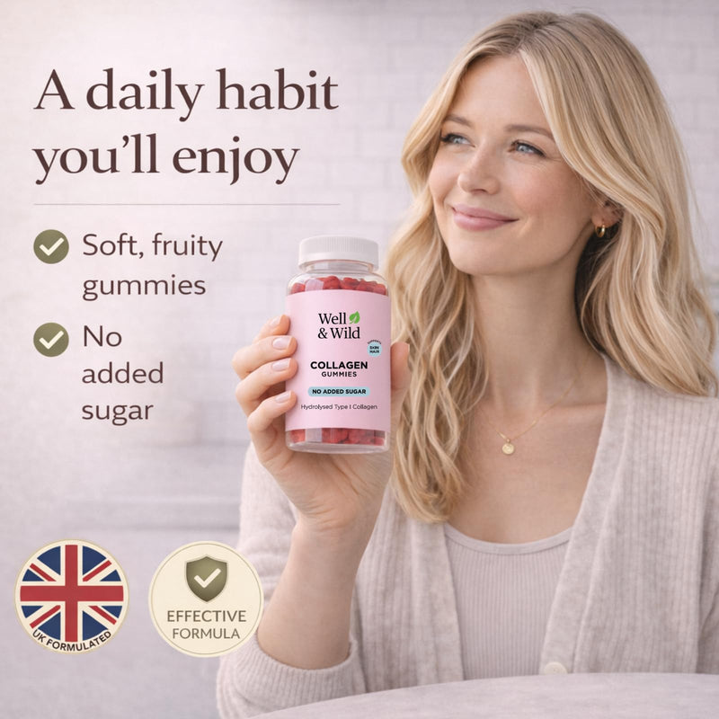 Well & Wild Collagen Gummies with Vitamin C – Marine Collagen Supplement for Skin & Hair Support – No Added Sugar – Strawberry Flavour – 60 Gummies (30 Day Supply)