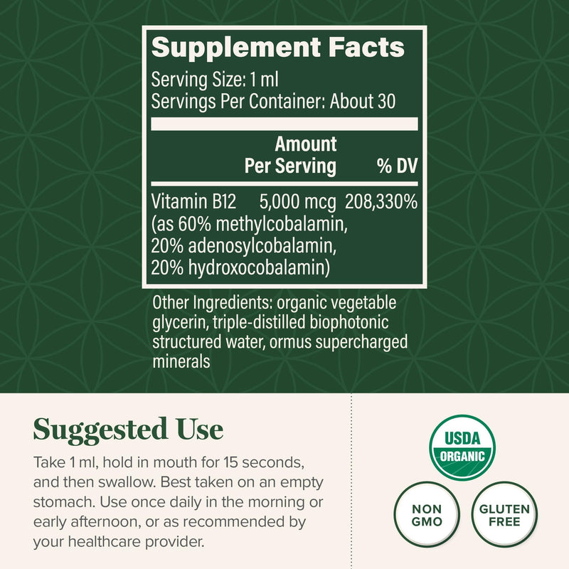 Vitamin B12 5000mcg Sublingual Liquid Drops, Methylcobalamin, Vegan (1 Oz) | Global Healing B12 Vitamins Sublingual Methylcobalamin Vitamina Para Mujer 1 Fl Oz