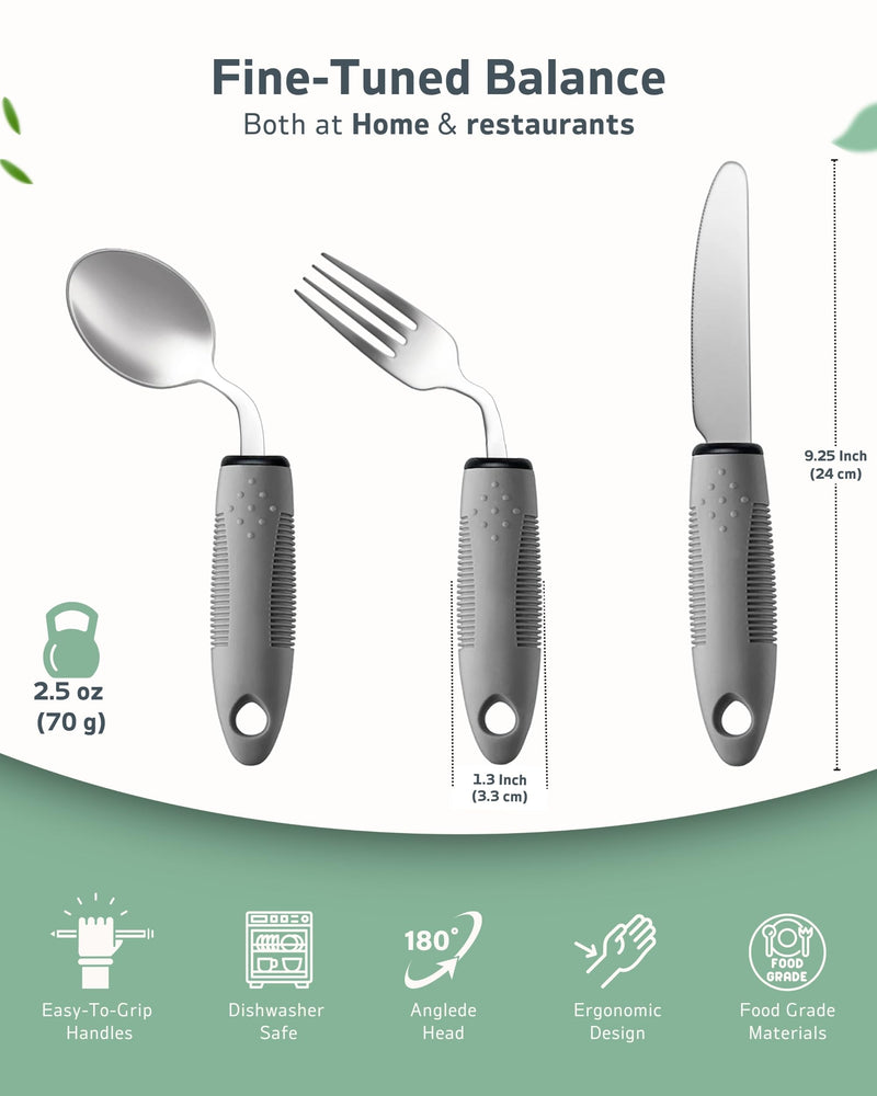 Adaptive Utensils Set (3-Piece) – 42° Angled, 3 oz Weighted Silverware for Parkinson's, Hand Tremors and Arthritis – Easy-Grip Ergonomic Eating Aids (Right-Handed) 3-Piece Cutlery Set Grey Right-handed