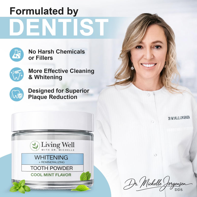 Living Well Dr. Michelle Remineralizing & Whitening Tooth Powder, Cool Mint | Fluoride-Free Hydroxyapatite Formula, Enamel Strength Support and Whitening Whitening - Cool Mint