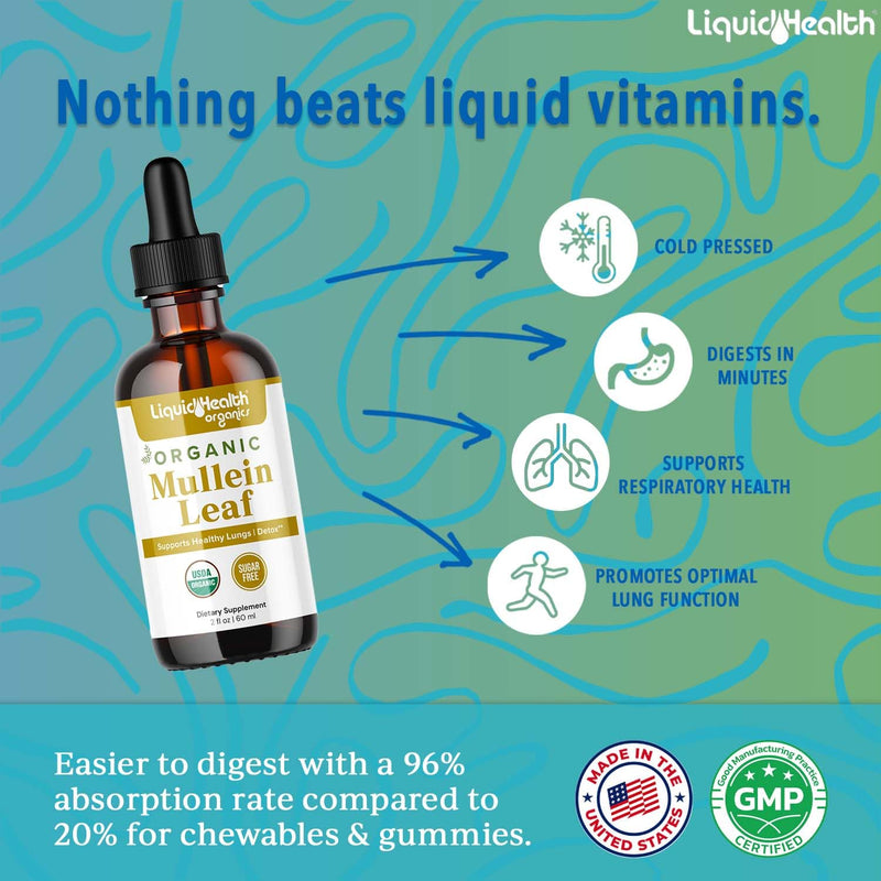[Australia] - LIQUIDHEALTH USDA Organic Mullein Leaf Extract Drops for Lungs - Herbal Cleansing Drops for Smokers, Immune Support, Respiratory Health - 1000mg, 60-Day Supply, Sugar-Free, Made in USA (2 fl oz) 2 Fl Oz (Pack of 1) 