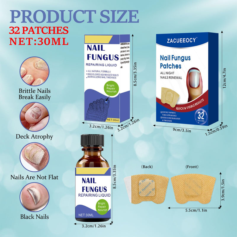 At-Home Intensive Fungal Nail Treatment Kit – 30mL Solution + 32 Renewal Patches, Targets Thickened, Yellowed, Damaged Nails, Precision Applicator for Easy Use on Toenails & Fingernails