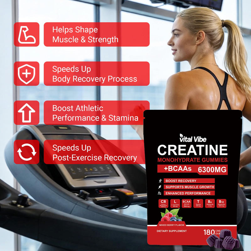 BCAA Gummies with Creatine 6300mg - High Strength EAA Essential Amino Acids - 180 Counts, 2 Month Supply - Pre Workout Energy, Muscle Strength - L-Taurine & B12 - Vegan Chewable Gummies 60 Servings