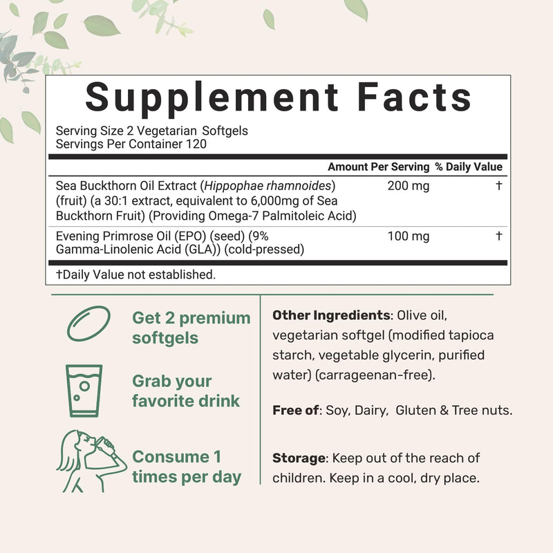 [Australia] - Vegan Omega 7 Sea Buckthorn Oil 6,000mg, 240 Veggie Softgels | 2-in-1 with Evening Primrose Oil | Natural Support for Hair, Skin, & Nails | Combats Dryness | Plant Based, Non-GMO, Gluten Free 