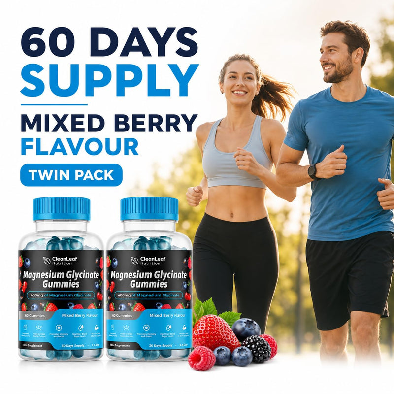 Magnesium Glycinate Twin Pack Gummies - 400mg High Absorption Formula for Sleep, Stress Relief & Muscle Health - Mixed Berry Flavor, Non-GMO, 60-Day Supply for Adults 60 count (Pack of 2)