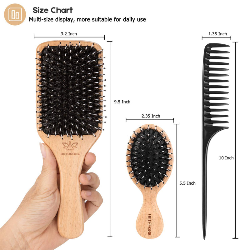 Boar Bristle Hair Brush and Comb Set for Women Men Kids, Best Natural Wooden Paddle Hairbrush and Small Travel Styling Brush for Wet or Dry Hair Detangling Smoothing Massaging wooden2