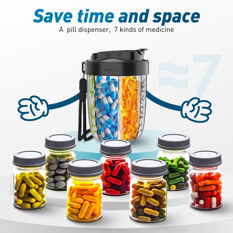[Australia] - Large Pill Organizer with 7 Large Compartments - Portable Pill Dispenser for Travel, Anti-Mix Design & Wide Opening Design, Easy Access to Vitamin Dispenser, Includes 20 Blank Stickers (Black) Black 