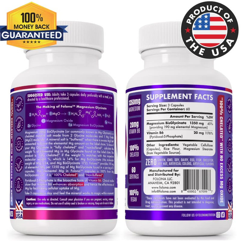FOLONA Magnesium Glycinate with Vitamin B6, 1350mg, 180 Vegan Capsules | Fully Chelated, Supports Sleep, Stress Relief, Energy, Muscle Cramps, Research Proven to Enhance Absorption, Gluten Free