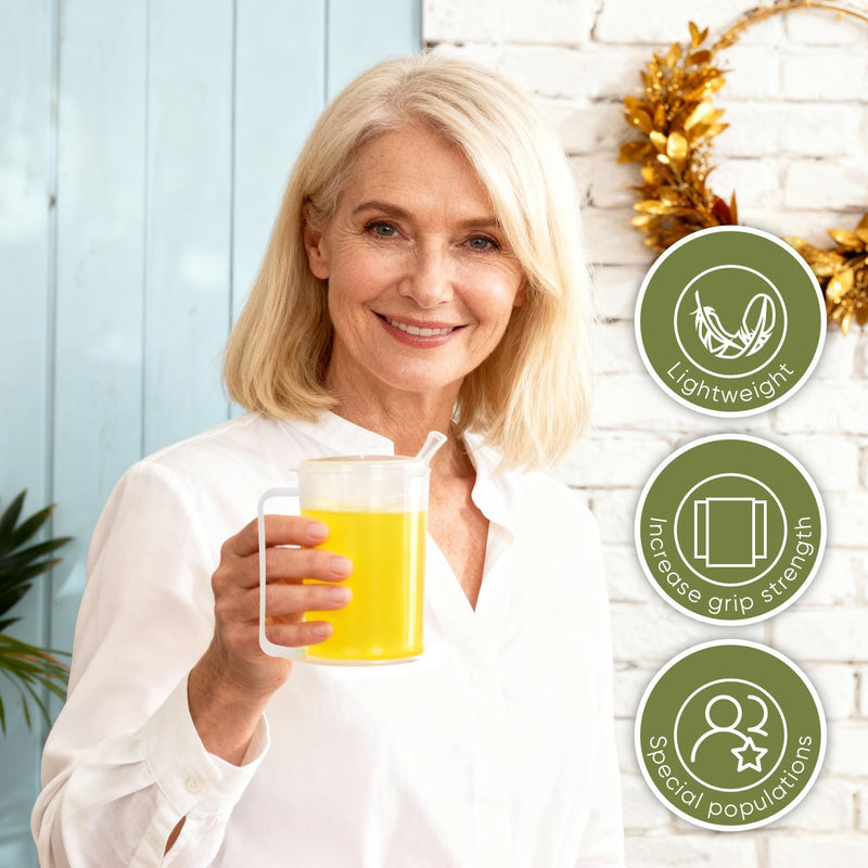 Adult Beaker for Elderly Non Spill, 400ml Sippy Cup for Adults with 2 Lids & Measurement Scale, PP Plastic Drinking Cup for Hot Drinks, Care Home Beaker for Arthritis Stroke Single Handled Drinking Cup