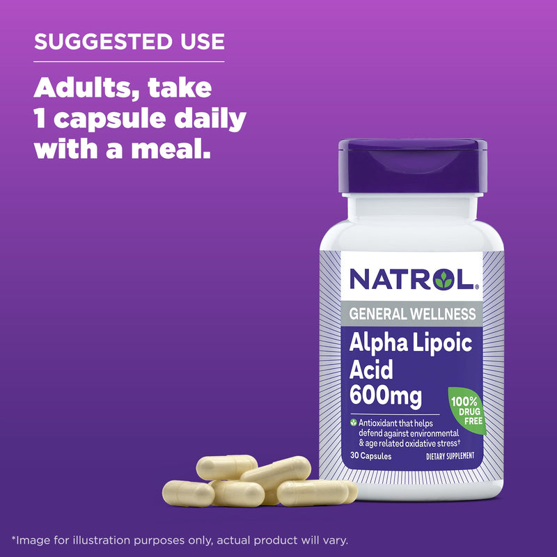 Natrol Alpha Lipoic Acid 600 mg, Dietary Supplement for General Wellness, 30 Capsules, 30 Day Supply Unflavoured 30 Count (Pack of 1)