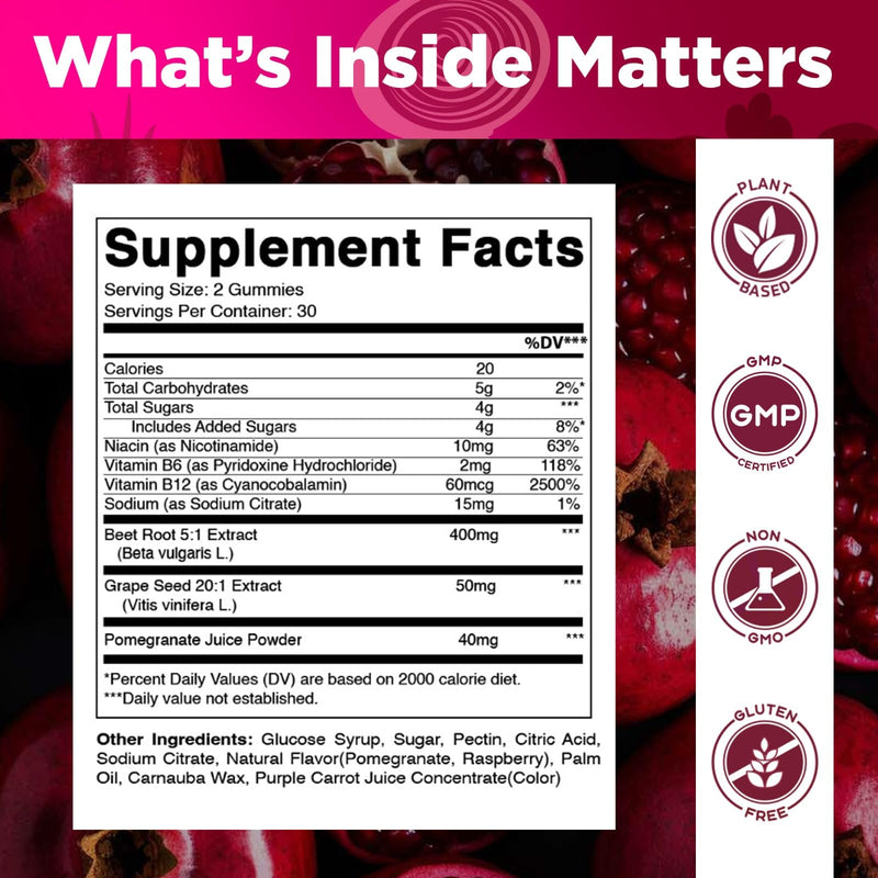 Vitamatic Beet Root Gummies with B6, B12, Grape Seed, Pomegranate & Nicotinamide – Plant-Based Extract – Vegan, Non-GMO – Botanical Supplement Gummies – 60 Count - 2 Pack (120 Count)