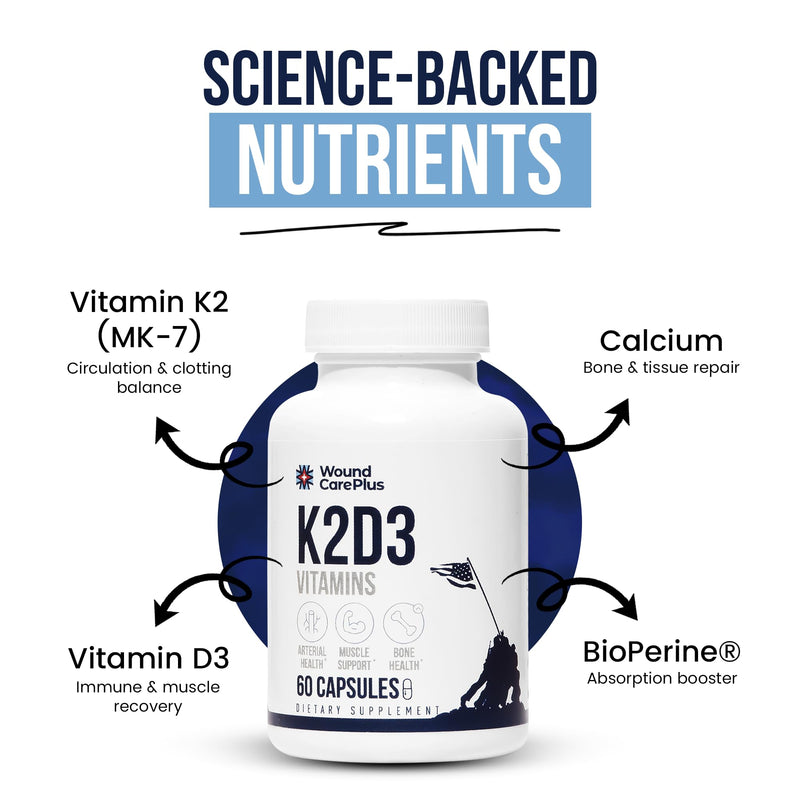Wound Care Plus Vitamin K2 + D3 Supplement – Helps Maintain Healthy Bones, – Essential Vitamins for Cardiovascular & Skin Wellness – 60 Capsules – Non-GMO, Gluten-Free