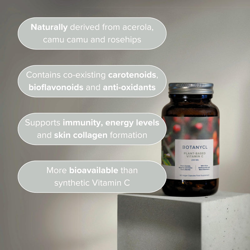 Botanycl Vegan Vitamin C with Bioflavonoids - As Seen on Dragons' Den - 200mg Plant-Based Formula - 60 Capsules - 1 Month Supply - Immune Support, Skin Health, Energy - No Fillers