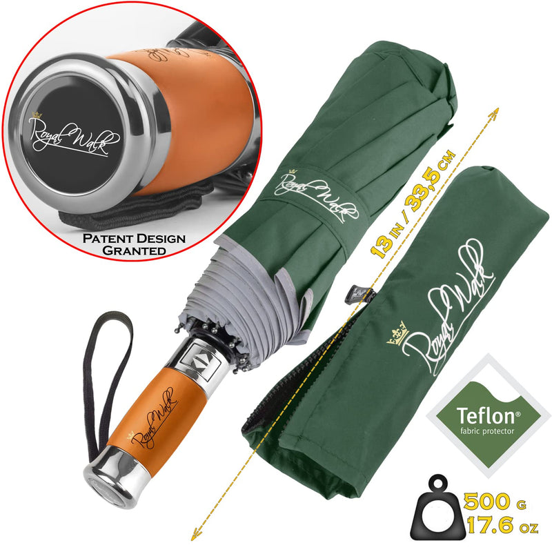 Royal Walk Large Umbrella for Rain, Windproof Folding Travel Umbrella with Vented Canopy, Genuine Wood Handle, Automatic Open Close, Reflective Strip for Safety in the Dark