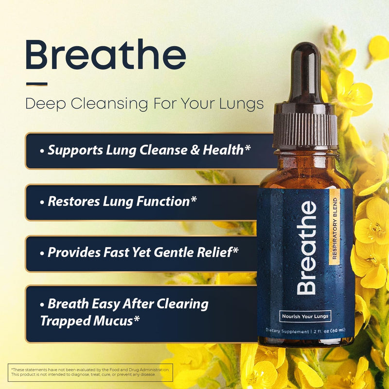 BREATHE 8-IN-1 Mullein Drops for Lungs & Airways 2 fl.oz. - Peppermint, Thyme, & Mullein Leaf Extract - Lung Detox for Smokers - Break up Mucus & Breathe Clear- GMO-Free & Made in USA- 2 months supply 2 Fl Oz (Pack of 1)