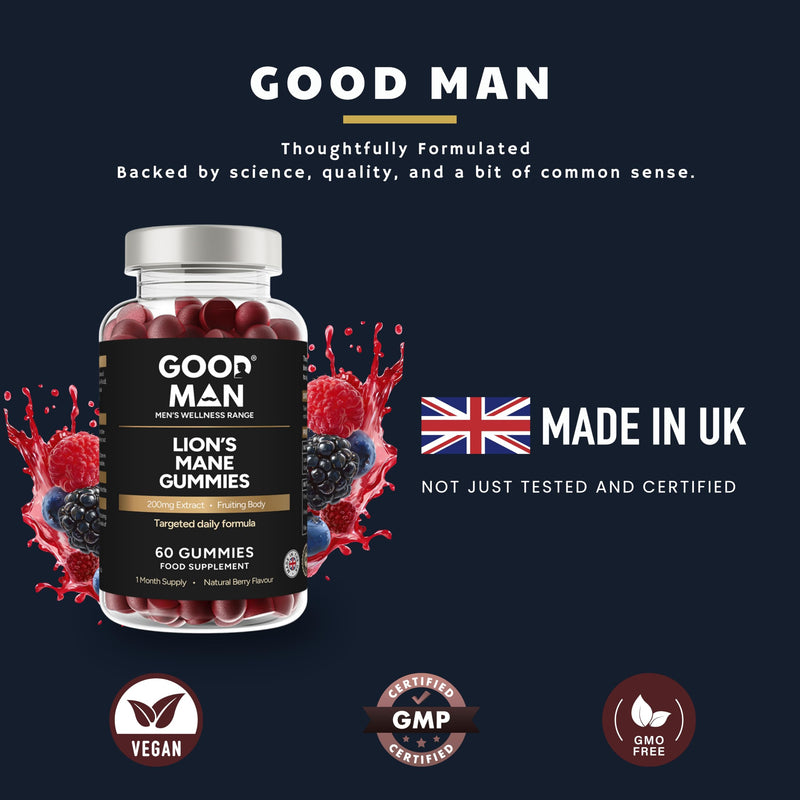 Good Man Lion’s Mane Gummies | High Strength Mushroom Supplement for Focus & Mental Clarity | 2000mg per Serving | Natural Berry Flavour | Vegans | 60 Gummies | UK Manufactured