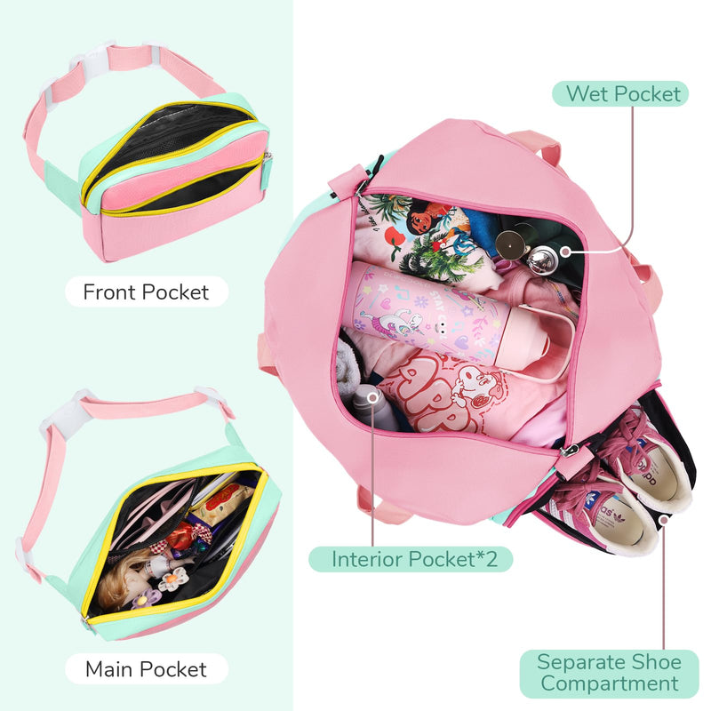 WOOMADA Travel Duffle Bag, Weekend Bag with Wet Pocket & Trolley Sleeve, Overnight Bag With Waist Pack, Fit for Sports Practice, Travel and Gifts(pink green)