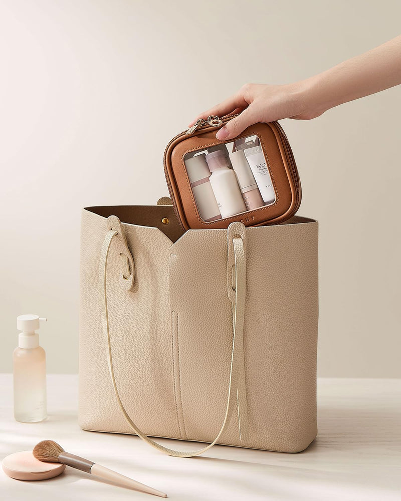 EACHY Travel Makeup Bag（Brown-Medium Size） & Clear Makeup Bag（Brown-Mini Size）