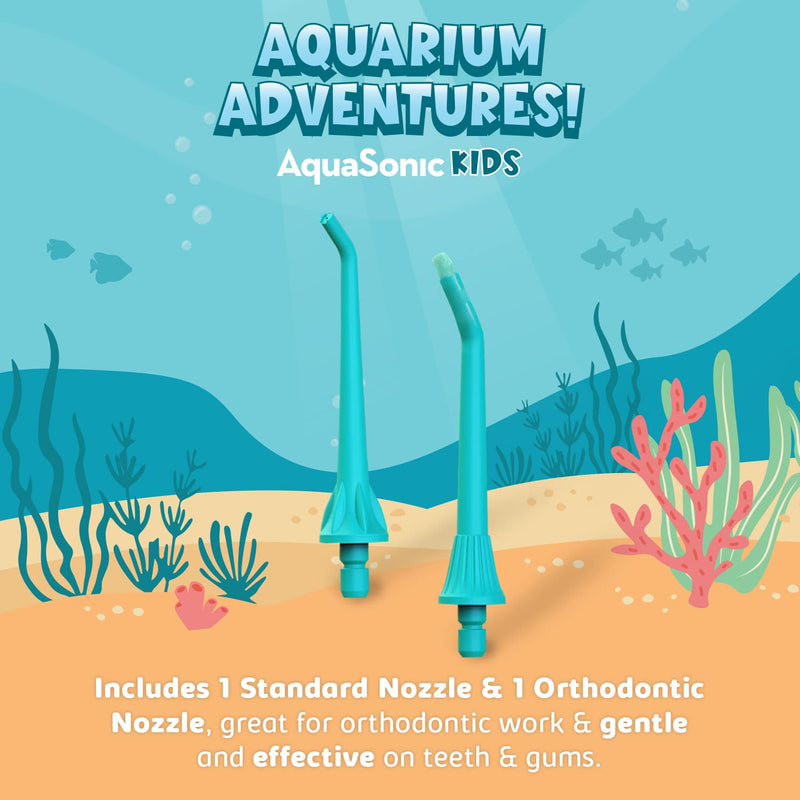 [Australia] - AquaSonic Kids' Water Flosser for Ages 6+ | Standard Nozzle, Orthodontic Nozzle & Waterproof Stickers | 4 Flossing Modes | Aquarium Adventures Theme (Blue) Blue 