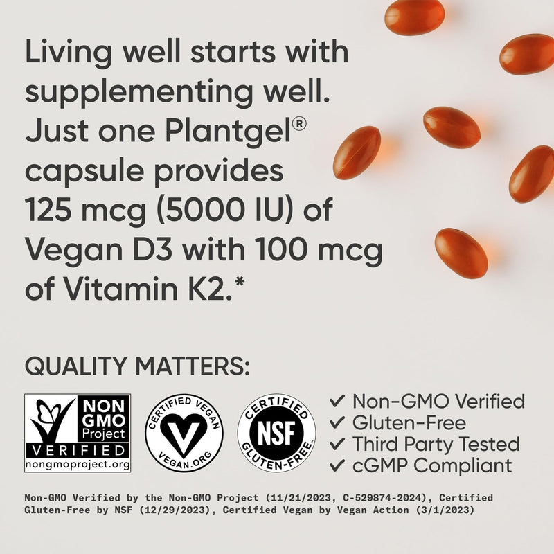 Sports Research® Vegan Vitamin D3 + K2 w/Coconut Oil, 60 Count Plantgels™ | Plant-Based Vitamin D 5000iu/125mcg & Soy-Free Vitamin K 100mcg for Bone & Immune Support - Vegan Certified · Non-GMO 60 Count (Pack of 1)