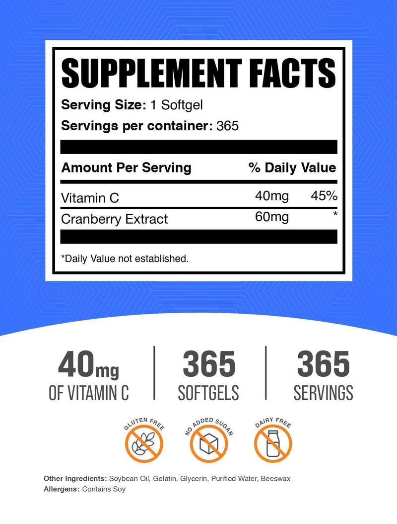BulkSupplements.com Cranberry with Vitamin C Softgels - Antioxidants Supplement, 40mg of Vitamin C - Gluten Free, 1 Softgel per Serving, 365 Count (Pack of 1) 365 Count (Pack of 1)