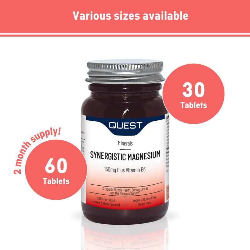 Quest Synergistic Magnesium 150mg Plus Vitamin B6-60 Tablets. Essential for Energy Production & Muscle Function. Supports Heart Health & Nervous System, Gluten-Free, Dairy-Free, Vegan. (60 Capsules) 60 count (Pack of 1)