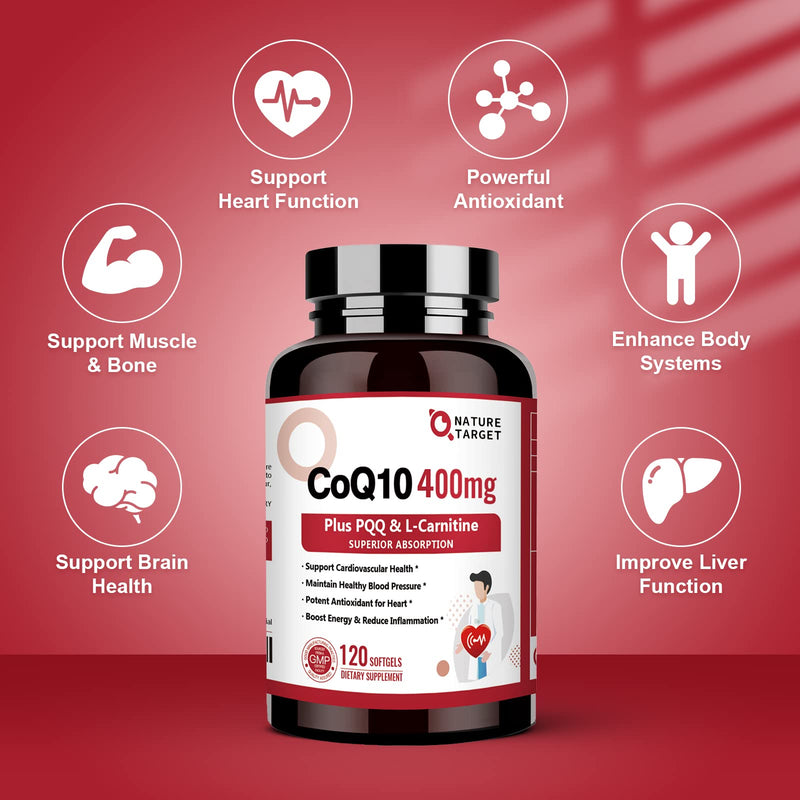 [Australia] - NATURE TARGET CoQ10-400mg with PQQ, Omega-3s & L-Carnitine, High Absorption Coenzyme-Q10 with BioPerine, Supports Heart, Brain, Immune System, Energy Production, 120 Servings 