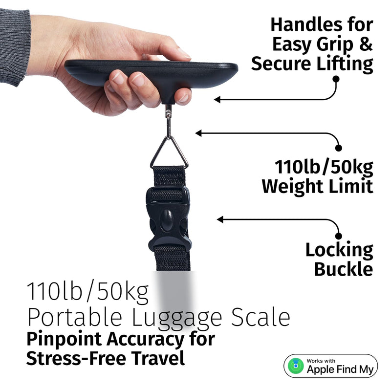 Digital Luggage Weight Scale with Apple Find My Tracker, up to 110lb/50kg | Portable Suitcase Scale & Tracker w/ Carry Handle, Hangs On Baggage, Backlit Led Display, Overweight Alert, Battery Included