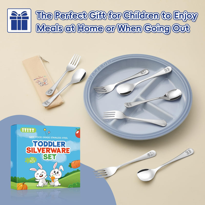 [Australia] - 12 Pieces Stainless Steel Toddler Utensils Set - Food Grade Kids Silverware Set Children Safe Small Forks and Spoons Mirror Polished Sturdy and Durable Dishwasher Safe 