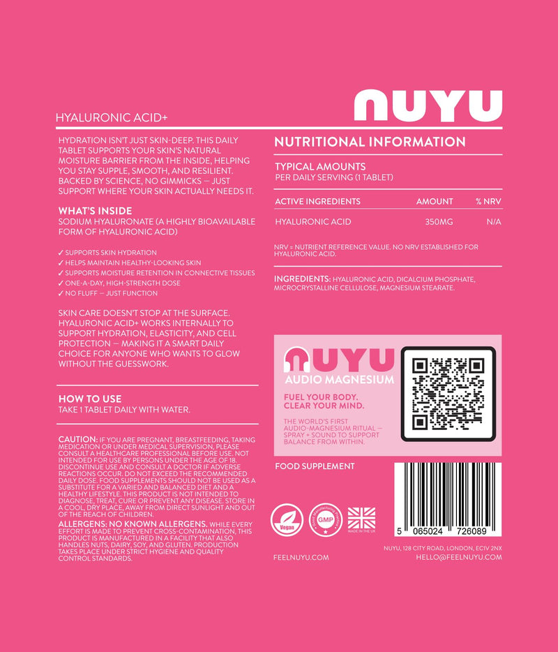 NUYU Hyaluronic Acid+ - 350mg High-Strength Tablets. One-a-Day, 2 Month Supply - Supports Skin Hydration and Elasticity. 100% Vegan, Made in The UK