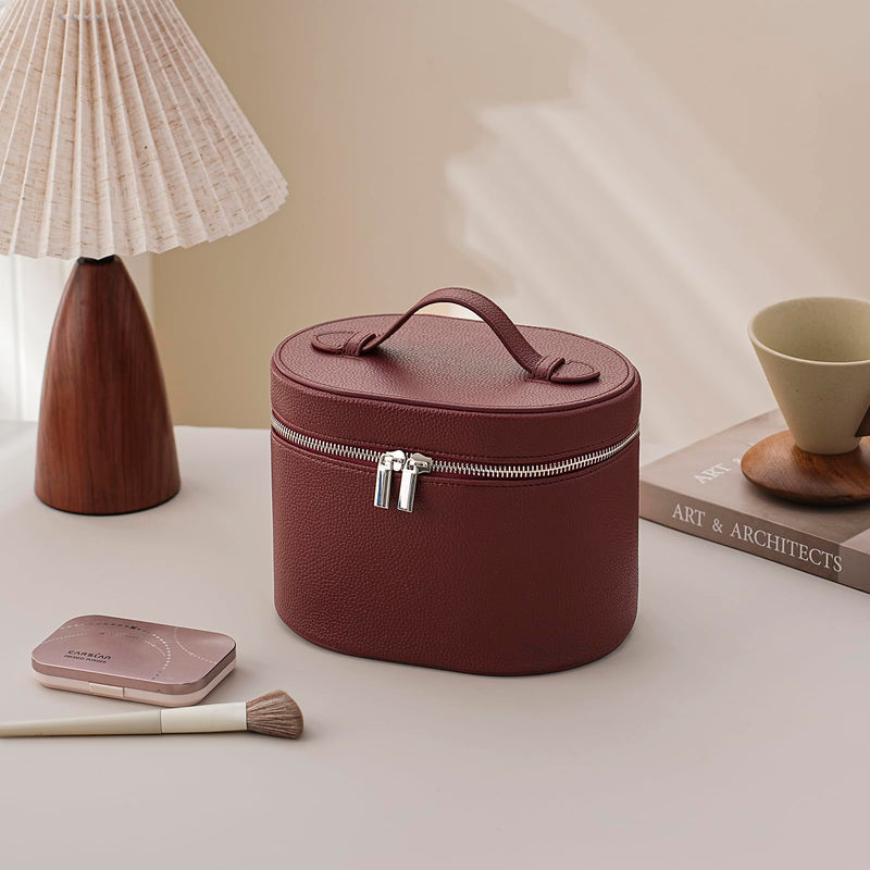 RSRSLEII Aesthetic Makeup Bag, Travel Makeup Vanity Case with Divider and Handle, Waterproof PU Leather Cosmetic Organizer Bag, Portable Toiletry Bag for Women(06Burgundy) 06Burgundy