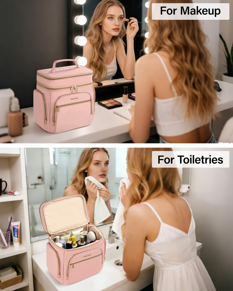 Hanke Large Toiletry Bag for Women Travel, Double Layer Organizer with Wide Opening for Full-Size Cosmetics & Toiletries, 12.2L Water-Resistant Makeup Bag,Pink Pink