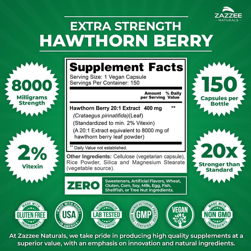 [Australia] - Zazzee Extra Strength Hawthorn Berry 20:1 Extract, 8000 mg Strength, 2% Vitexin, 150 Vegan Capsules, 5 Month Supply, Concentrated and Standardized Potent 20X Extract, Non-GMO and All-Natural 