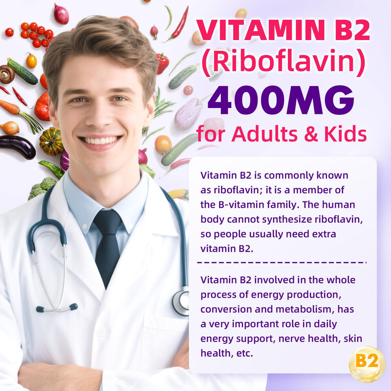 Vitamin B2 Gummies for Kids & Adults, VIT B2 Riboflavin 400mg Supplement with Magnesium for Migraine Relief & Nervous System Support, Non-GMO, Vegan, Raspberry Flavor 60 Count 60 Count (Pack of 1)
